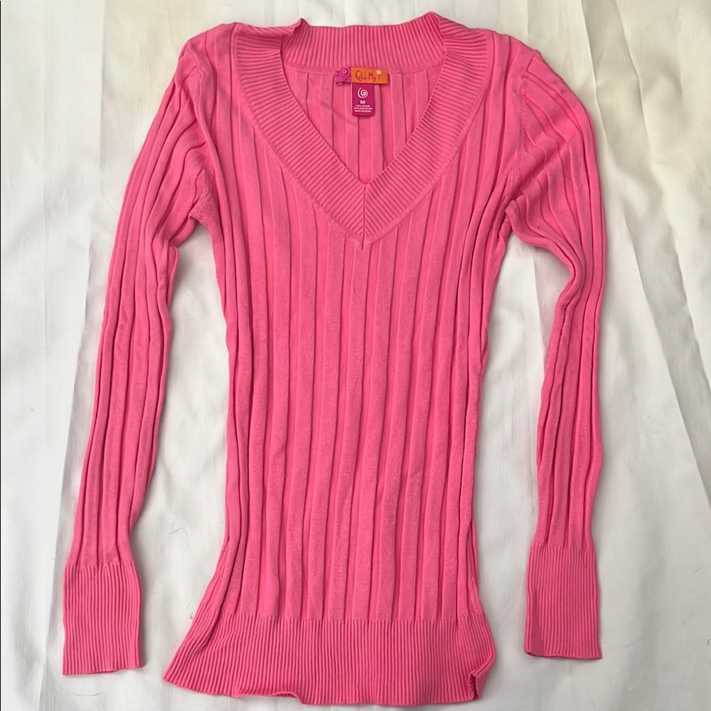 Pink Ribbed V-Neck Top